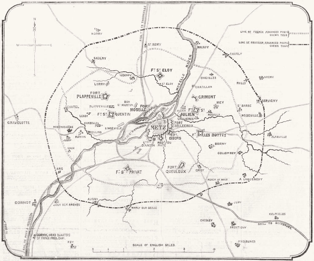 MOSELLE. The war. fortifications of Metz and besiegers lines 1870 old print